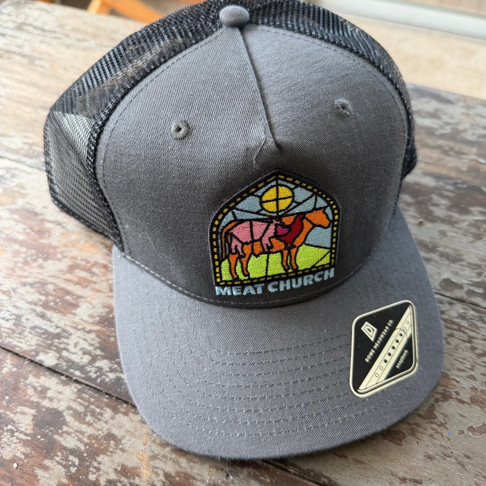 Meat Church Trucker Hat Gray Black Stained Glass Cow Patch Snapback Mesh Cap